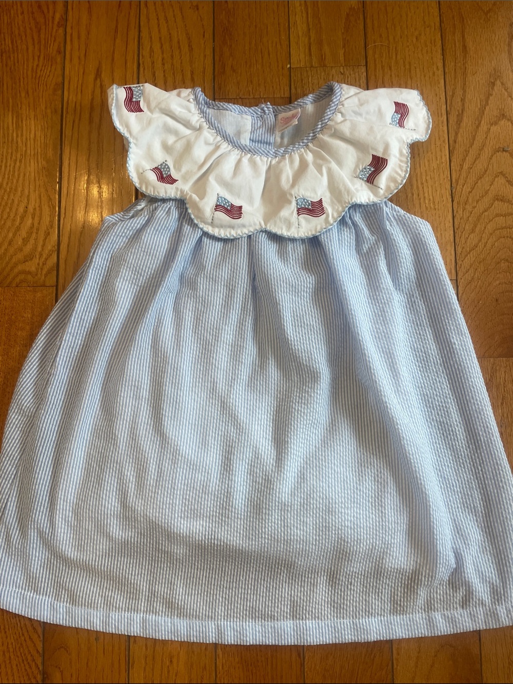 Girls' Light Blue Seersucker Dress with Flag-Embroidered Collar
